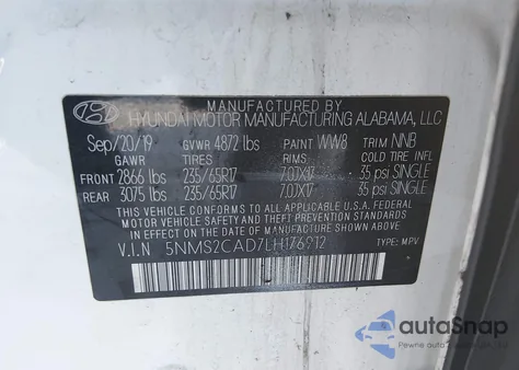 2020 Hyundai Santa Fe Se z USA, uszkodzony, nr VIN 5NMS2CAD7LH176912